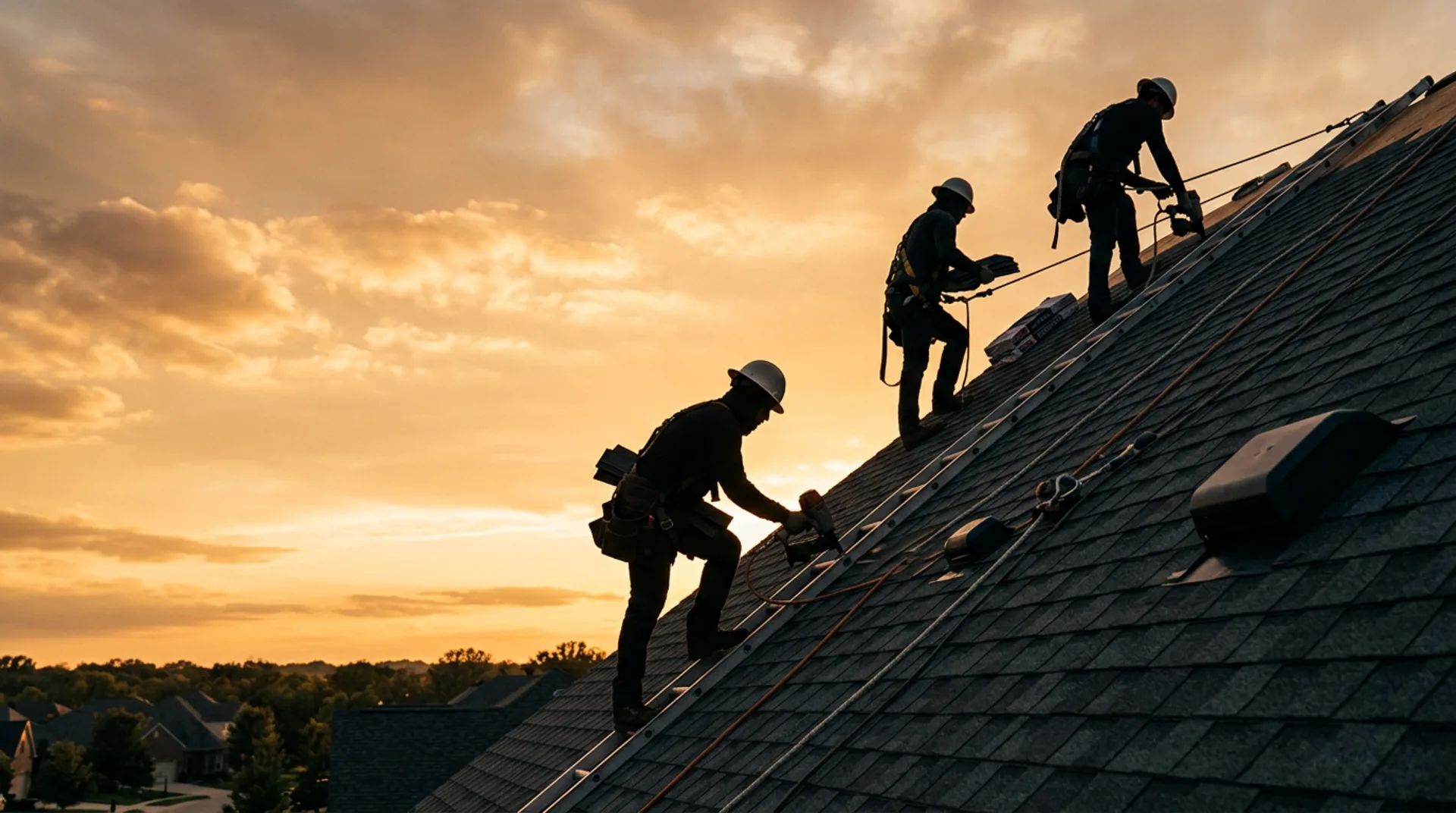 Roofing crew installing architectural shingles at golden hour
